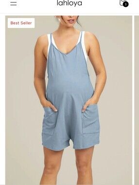 Light Blue Sleeveless Maternity Romper with Pockets